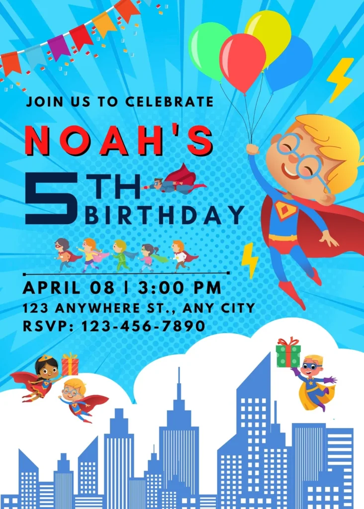 Blue and Red Illustrated Superhero Birthday Party Invitation instore activations, family days, carnivals and birthdays