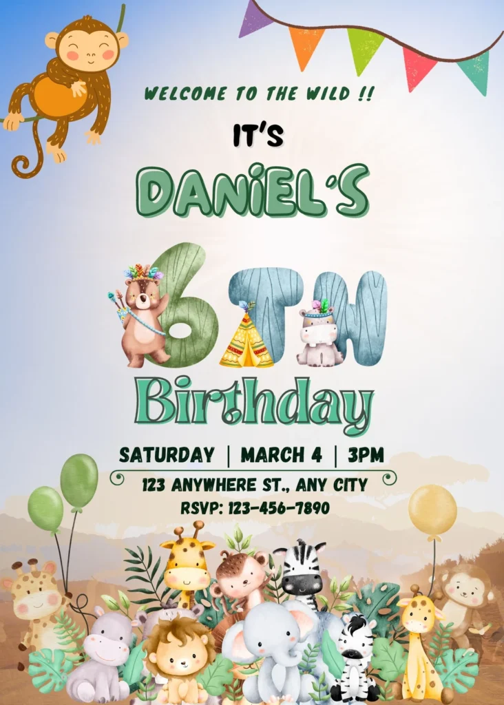 Colorful Green And Blue Safari Themed Birthday Party Invitation instore activations, family days, carnivals and birthdays