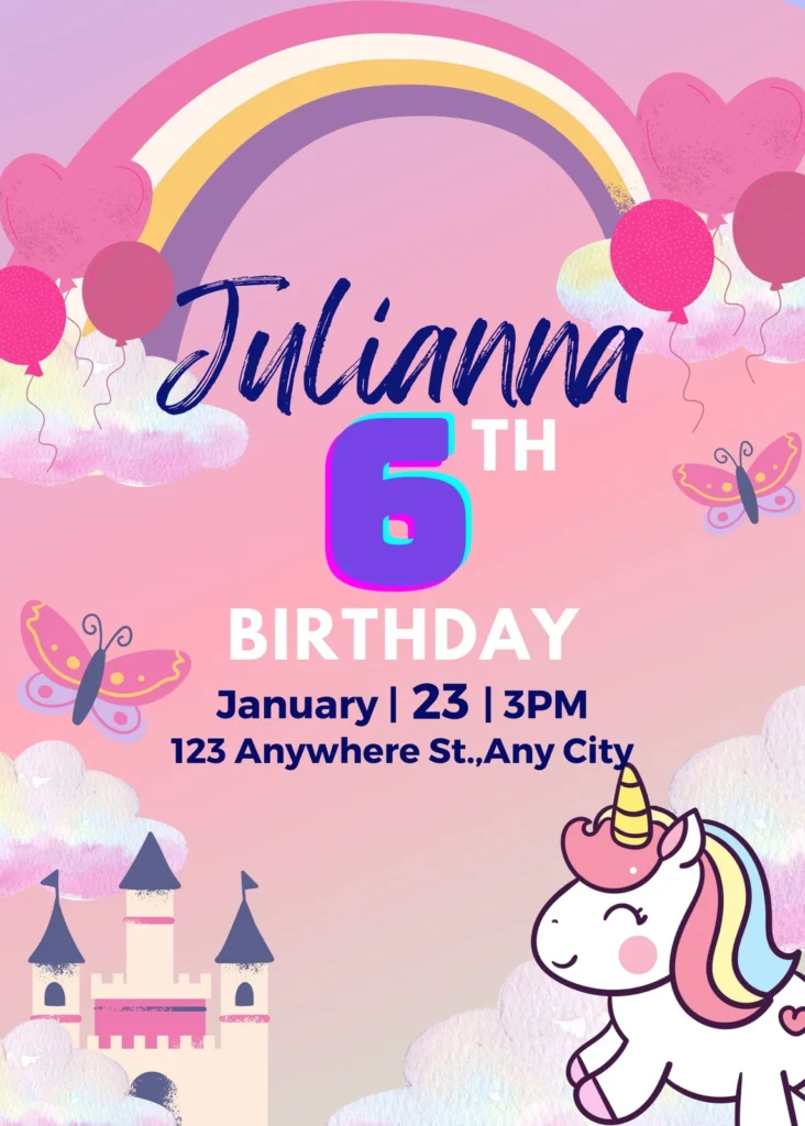 Pink Blue and Violet Unicorn Themed Birthday Invitation instore activations, family days, carnivals and birthdays
