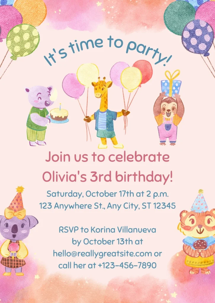 Pink Orange Blue Watercolor Illustration Colorful Kids Birthday Party Invitation instore activations, family days, carnivals and birthdays