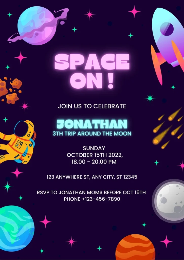Purple Blue Funny Space Birthday Invitation instore activations, family days, carnivals and birthdays