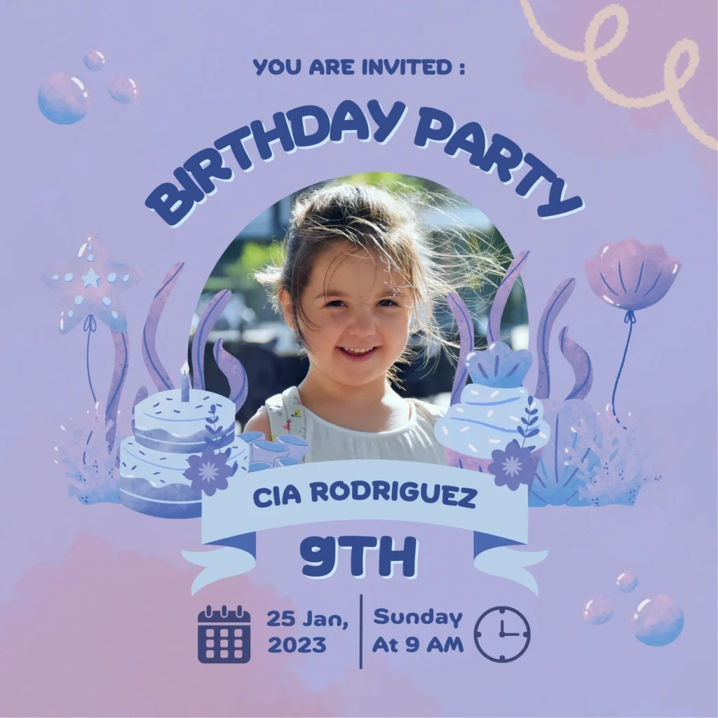 Soft Purple and Blue Illustrated Watercolor Birthday Party Invitation Square instore activations, family days, carnivals and birthdays